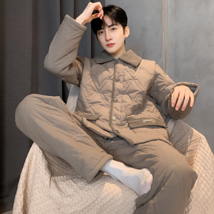 猫人秋冬季睡衣男士纯棉三层夹棉加厚棉袄家居服套装可外穿冬天