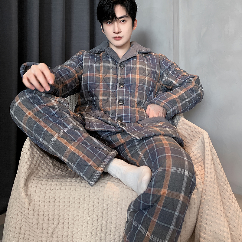 猫人男士睡衣冬纯棉三层加厚夹棉