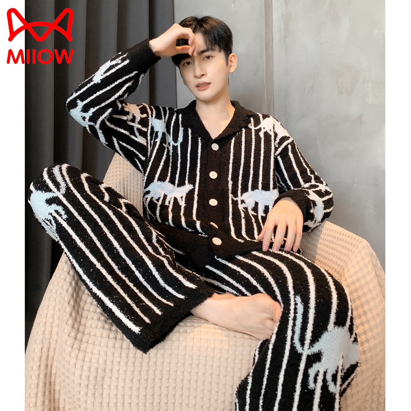 猫人半边绒男士睡衣秋冬季2025新款加厚保暖大码珊瑚绒条纹家居服