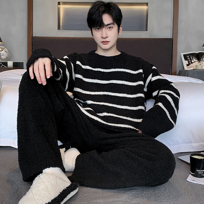 猫人半边绒男士睡衣秋冬季冬款