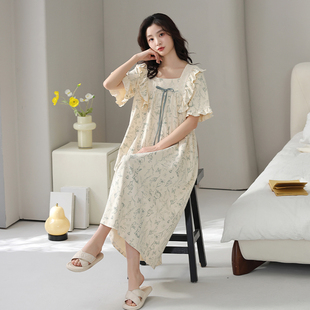猫人纯棉睡裙女带胸垫夏季短袖2025新款中长款睡衣宽松孕妇家居服