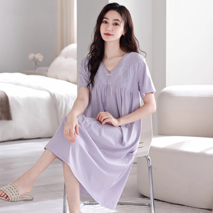 猫人纯棉睡裙女带胸垫睡衣夏季薄款短袖宽松大码中长款2025可外穿