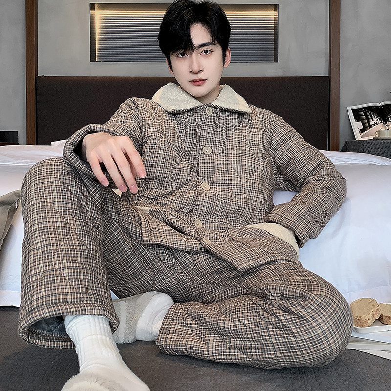 猫人睡衣男士冬季纯棉三层加厚夹棉秋冬天加绒宽松超厚家居服冬天