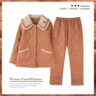 猫人睡衣女冬季纯棉三层加厚夹棉2025新款宽松妈妈家居服可外穿冬