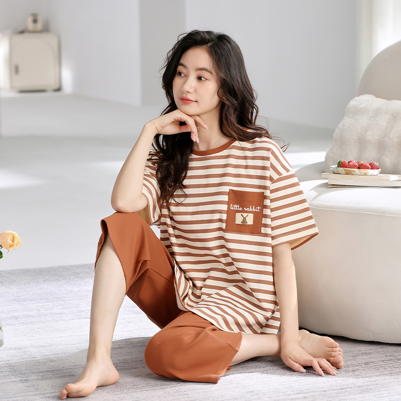 猫人带胸垫睡衣女纯棉夏季薄款短袖七分裤宽松家居服套装可外穿夏