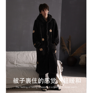 猫人冬季男士睡衣珊瑚绒睡袍加厚加绒保暖宽松法兰绒家居服可外穿