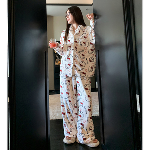 猫人高级感法兰绒睡衣女秋冬季加绒加厚KT家居服宽松套装可外穿冬