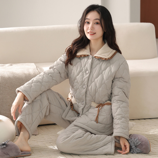 猫人加绒加厚女士睡衣冬季纯棉三层夹棉袄保暖家居服套装可外穿