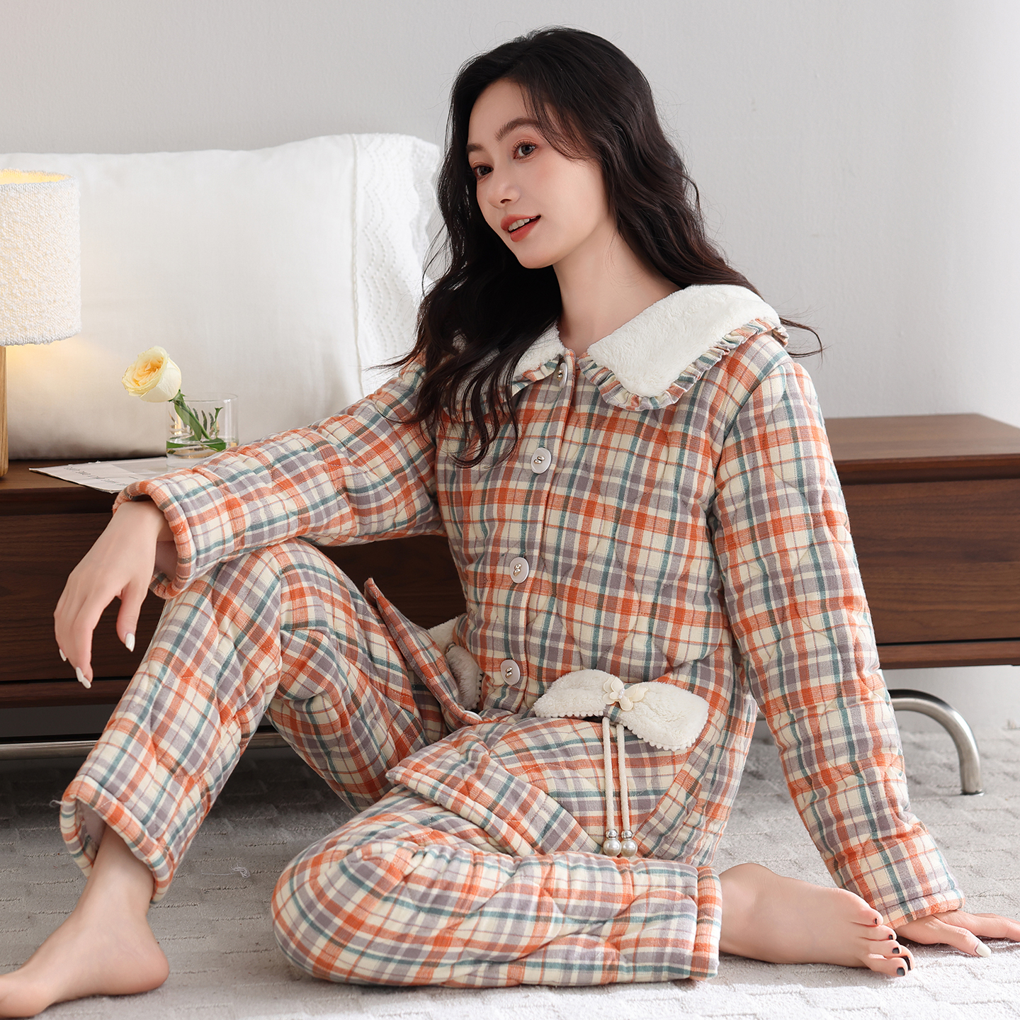 猫人纯棉睡衣女士冬季三层加厚夹棉袄加绒保暖家居服套装可外穿冬