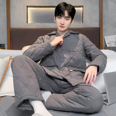 猫人冬季男士睡衣纯棉三层加厚夹棉袄2025新款加绒保暖家居服套装