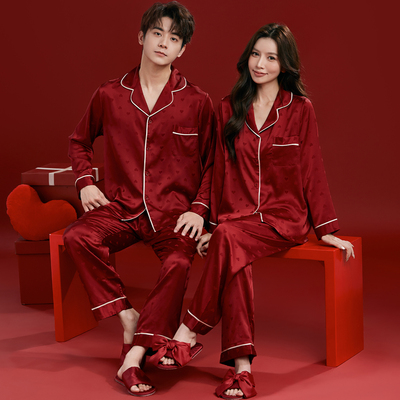 猫人冰丝睡衣结婚新婚情侣套装2025春秋新款红色本命年家居服礼盒