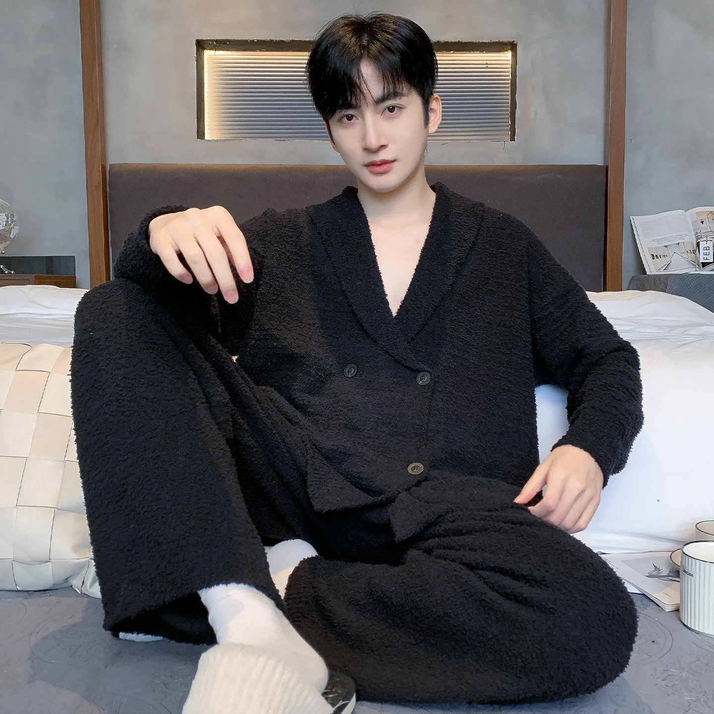 猫人睡衣男士秋冬季半边绒2025新款加厚加绒珊瑚绒可外穿家居服冬