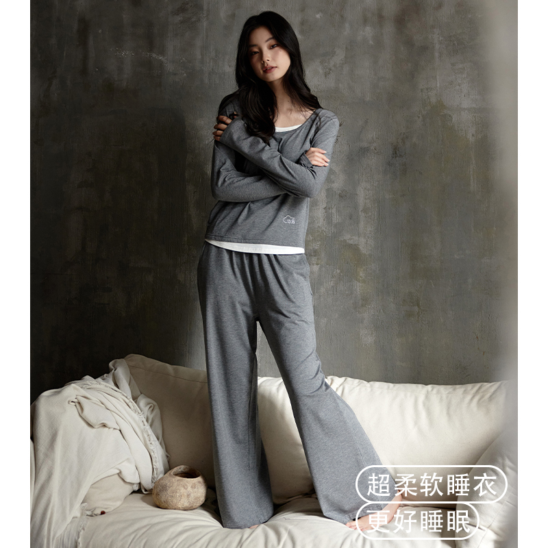 猫人带胸垫睡衣女春秋长袖莫代尔