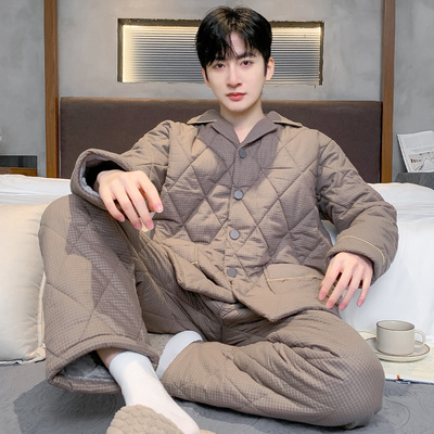 猫人高级感睡衣男士冬季纯棉三层加厚夹棉加绒保暖家居服大码套装