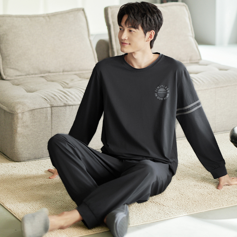 猫人纯棉男士睡衣春秋季长袖长裤青少年大码休闲可外穿家居服套装