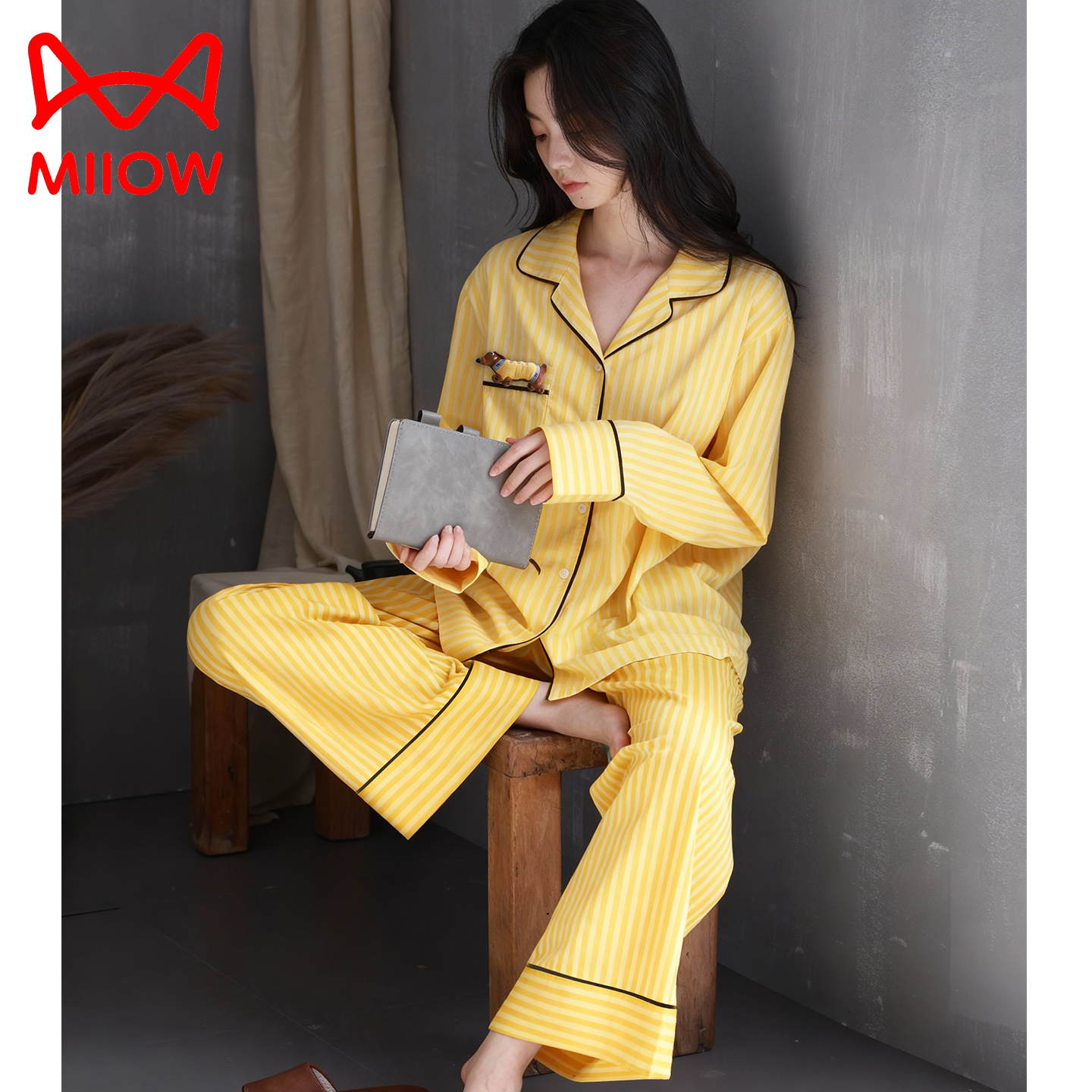 猫人天丝棉睡衣女款春秋款2025新款高级感条纹宽松阔腿家居服套装