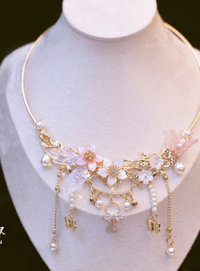 原创汉服保色花朵珍珠项圈铜锆石