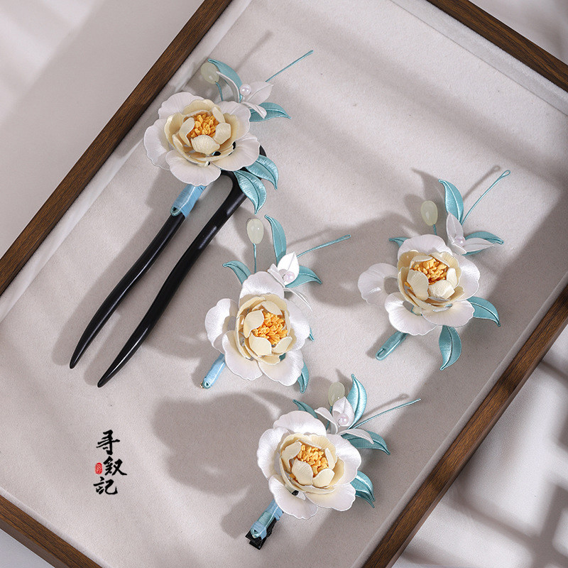 原创【白色牡丹】非遗蚕丝绒花檀木发簪古风汉服旗袍优雅气质头饰