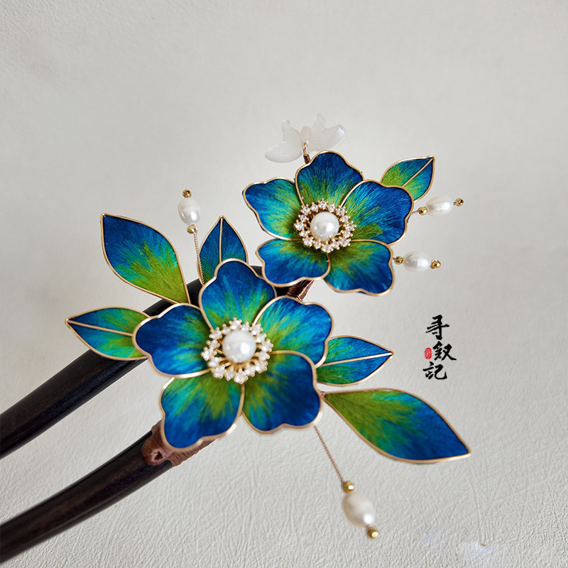非遗蚕丝绒花檀木发簪国风盘发