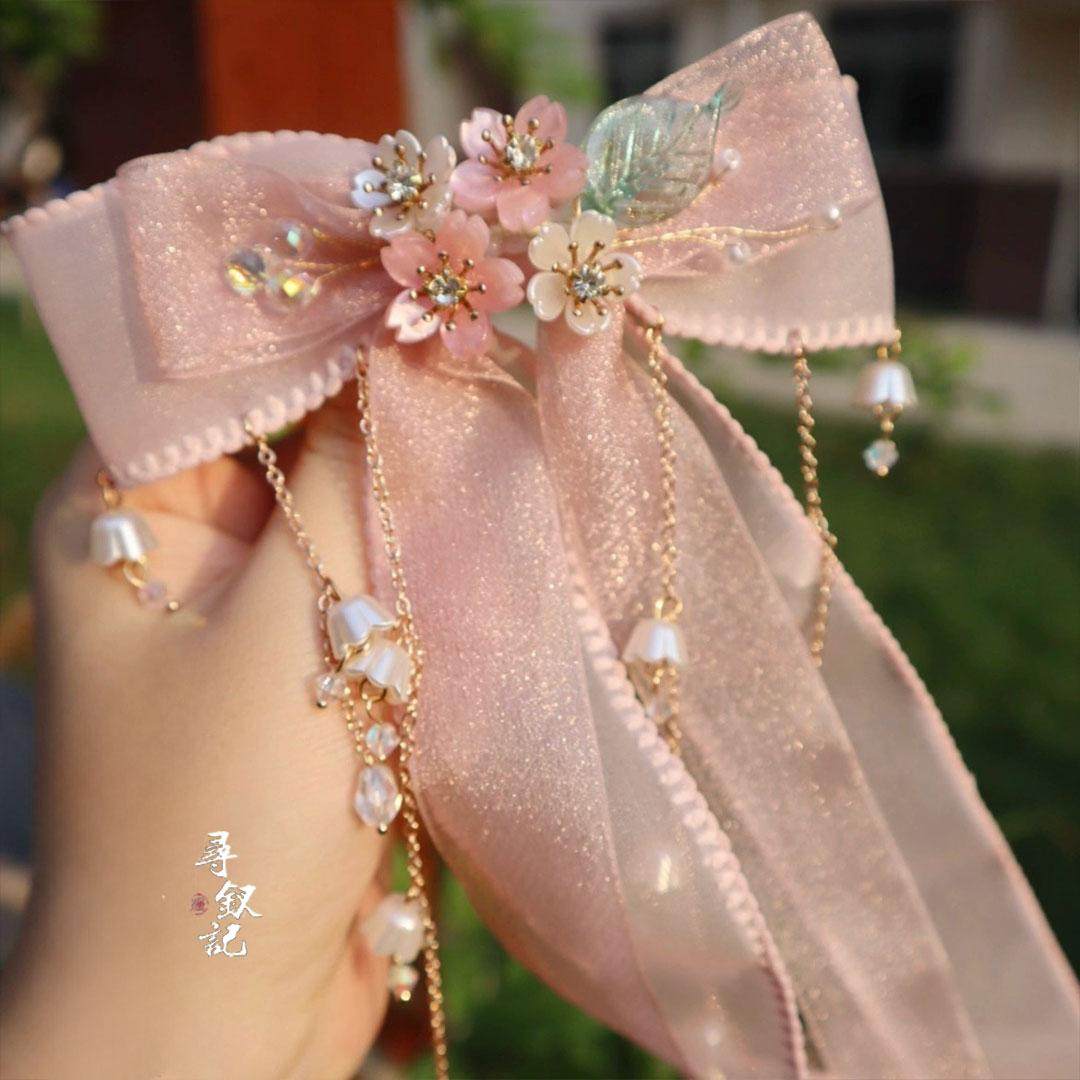原创《粉黛》粉色樱花铃兰流苏发夹蝴蝶结飘带甜美古风汉服发饰