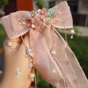 原创《粉黛》粉色樱花铃兰流苏发夹蝴蝶结飘带甜美古风汉服发饰