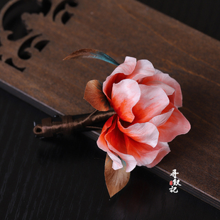 原创【橘红牡丹】新款手工非遗蚕丝绒花发夹民族风马面裙配饰头饰