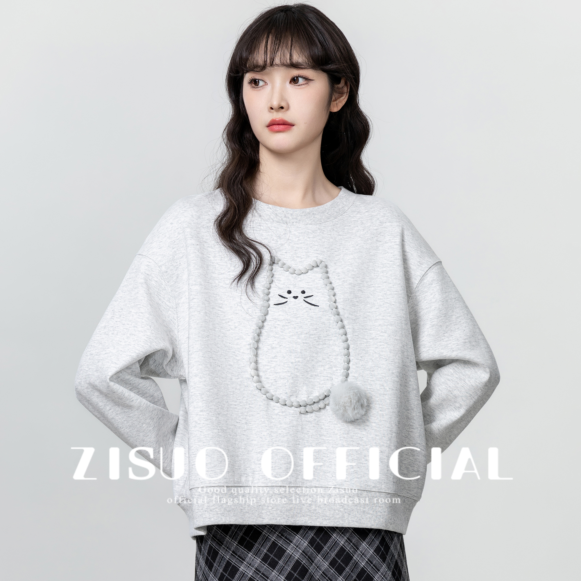 灰色圆领套头卫衣女2025春秋新款设计感宽松卡通猫咪无帽长袖上衣