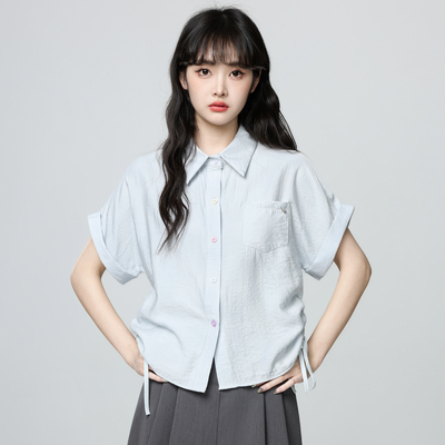 蓝色POLO领短袖衬衫女夏2025夏季新款设计感抽绳收腰翻领衬衣上衣