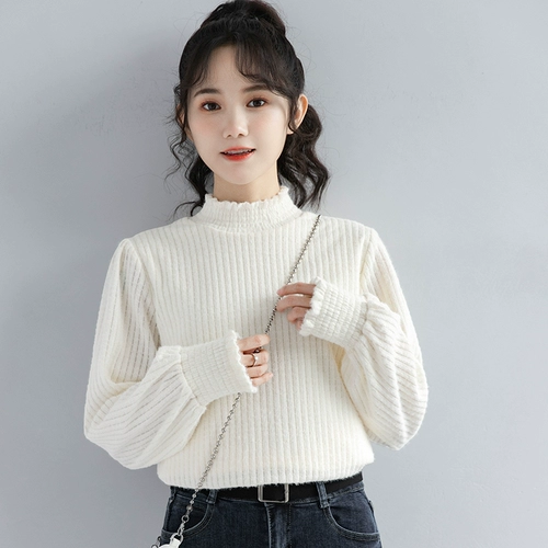 Демисезонный милый абрикосовый цветной приятный телу флисовый лонгслив, высокий воротник