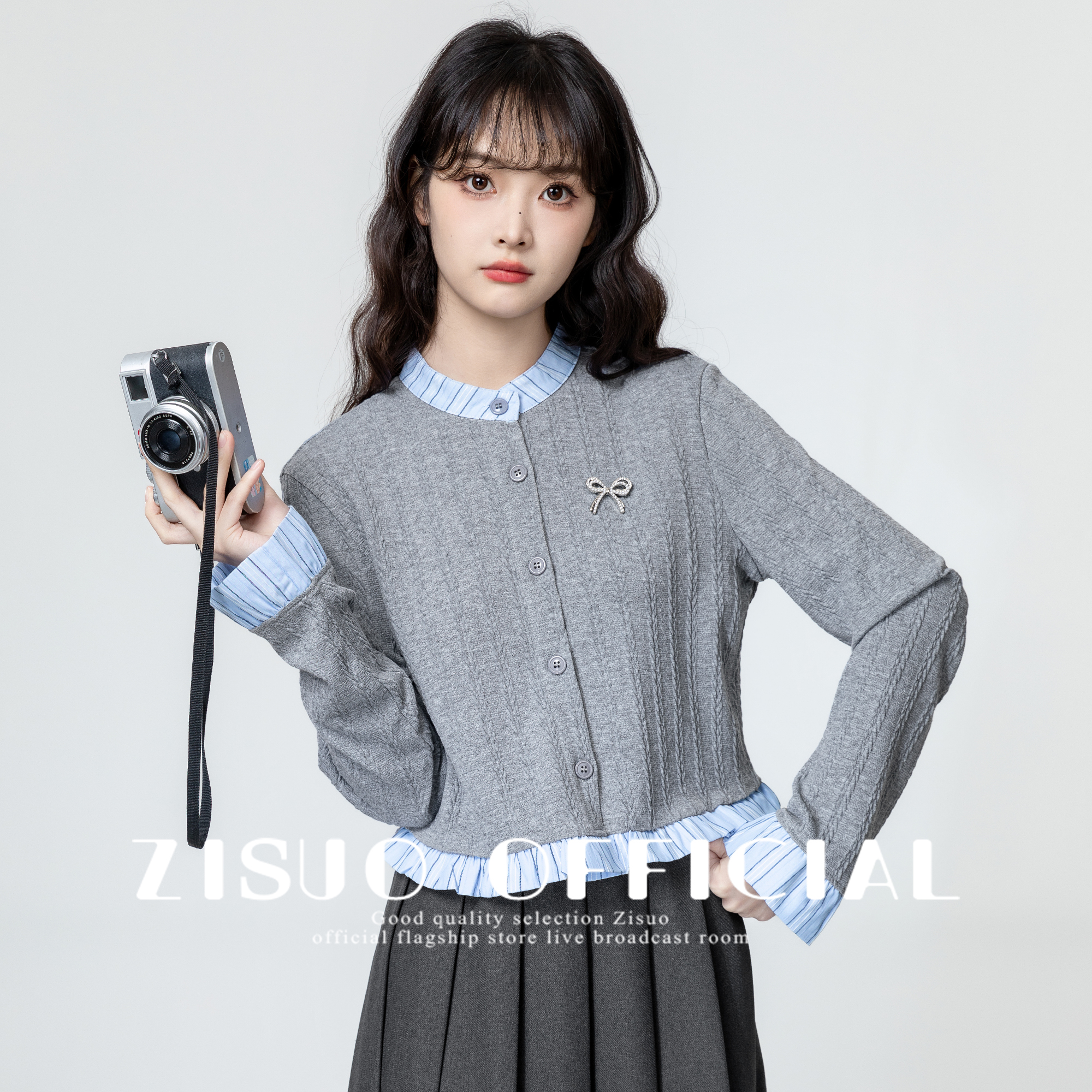 灰色假两件针织开衫女2025春秋新款学院风撞色拼接荷叶边短款上衣