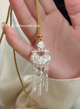 足银999百合花如意流苏银锁项链