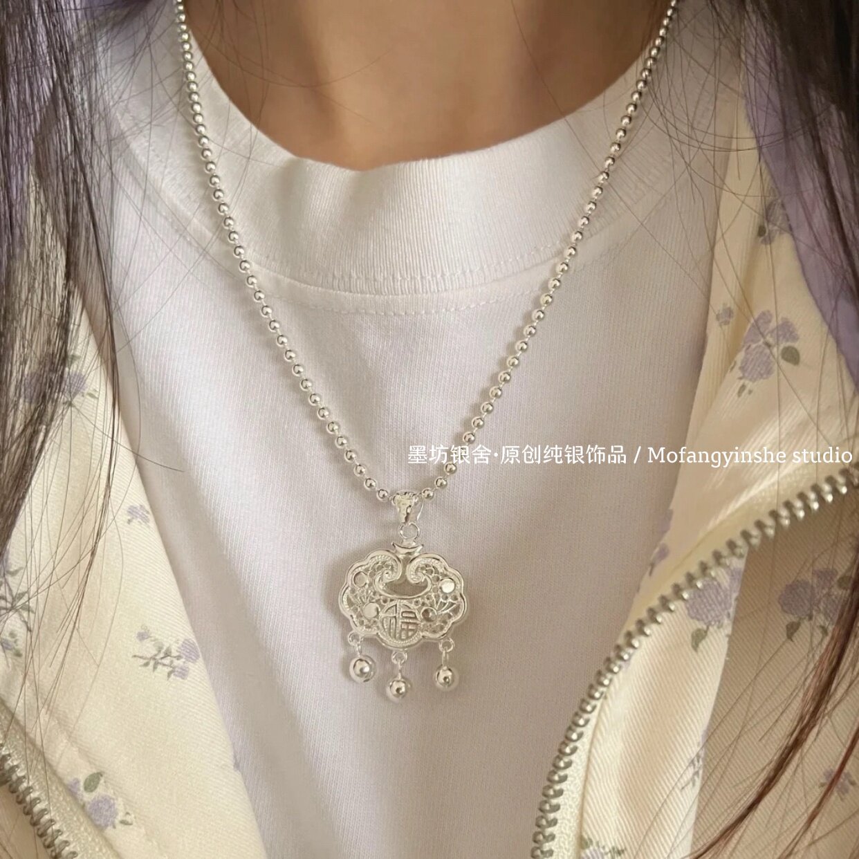 足银999新中式平安锁铃铛莲花福锁编绳项链女设计感长命锁礼物
