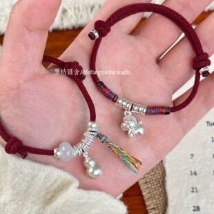足银999本命年生肖马上有钱红绳手链新款KT猫招财盘缠手绳礼物