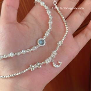 足银999屁桃星月盘缠手串法式海蓝宝珍珠手链小众温柔精致叠戴