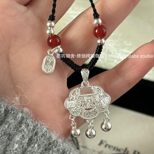 足银999吉言银锁平安锁吊坠女新中式编绳项链新款纯银毛衣链礼物
