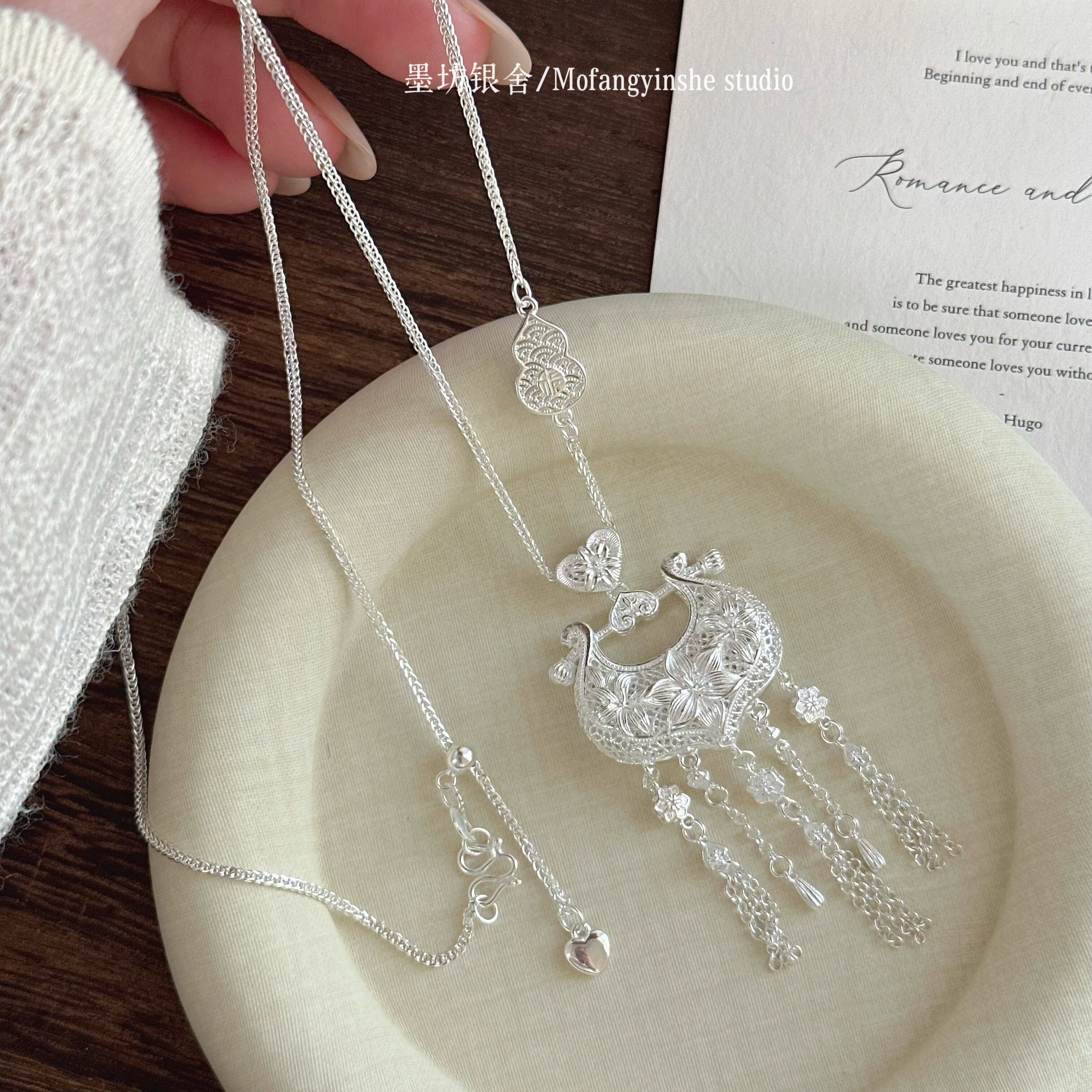 足银999百合花流苏银锁如意锁包国风新中式编绳项链毛衣链礼物