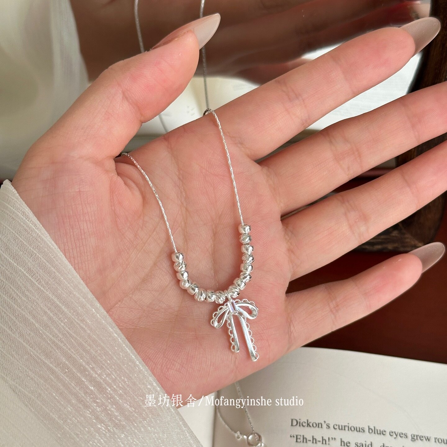 足银990碎银蕾丝蝴蝶结项链甜美