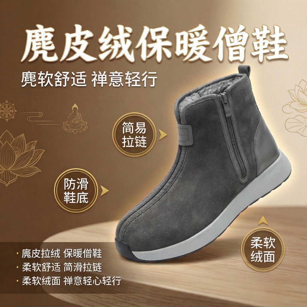 麂皮绒僧人鞋防水防滑保暖僧侣鞋和尚出家师父二棉鞋冬款鞋普莲花