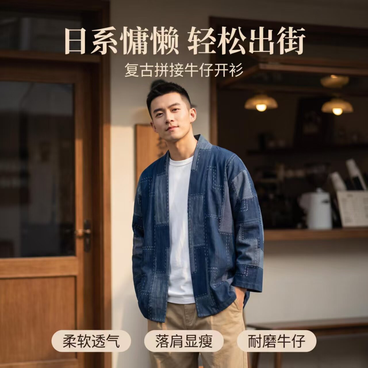 新中式拼接牛仔开衫外套男春秋宽松落肩禅意茶复古无领道袍式上衣