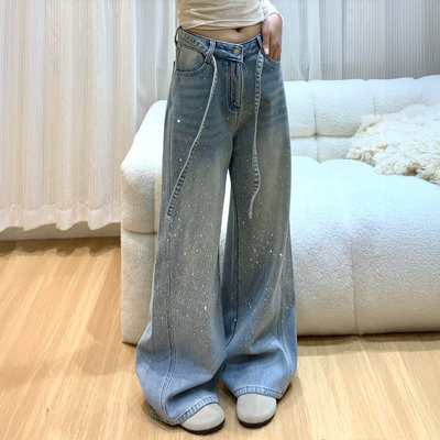 蓝色美式满天星烫钻牛仔