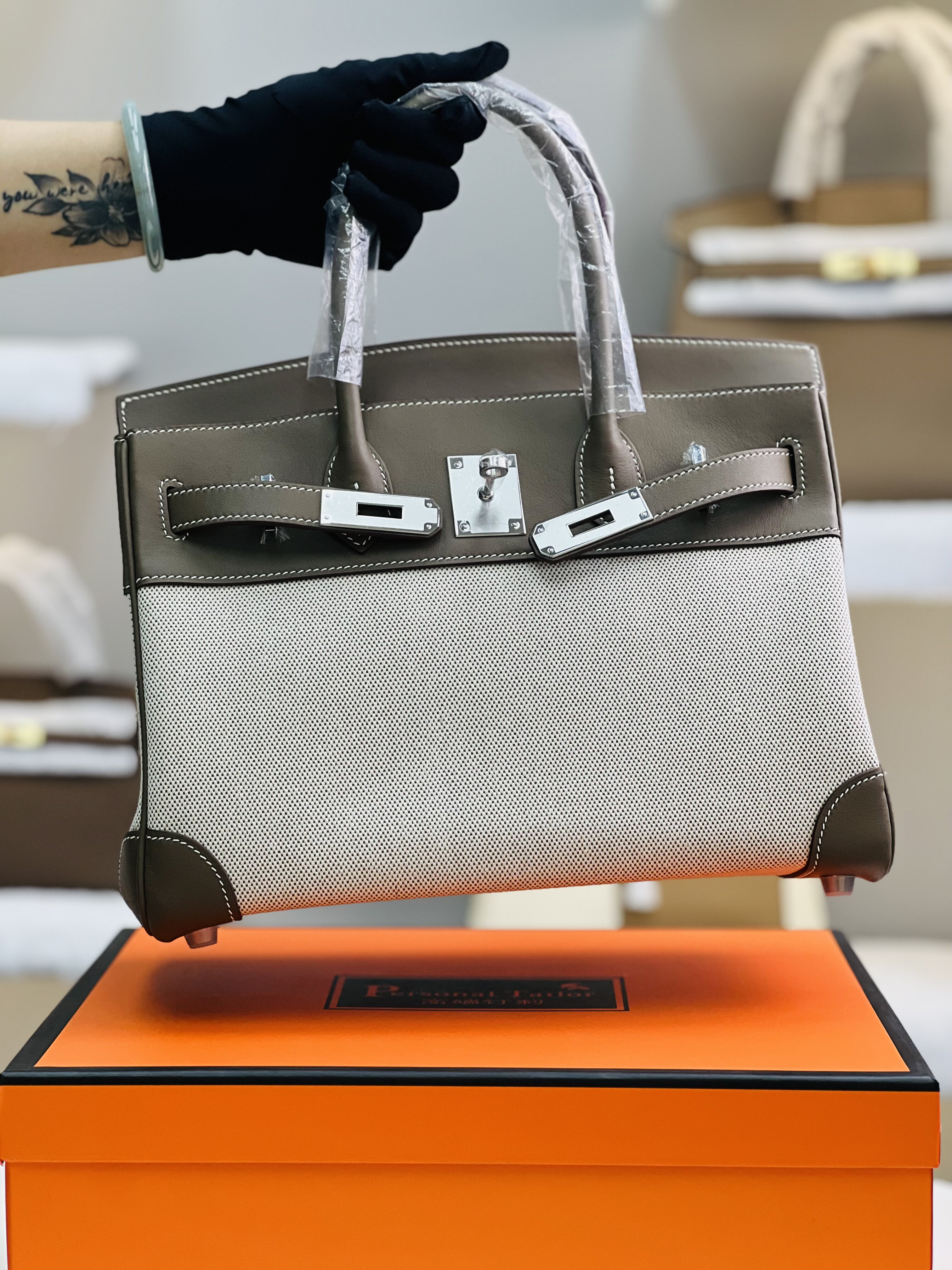 法国师傅纯手工定制铂金包swift皮BK30cm大象灰拼帆布birkin女包