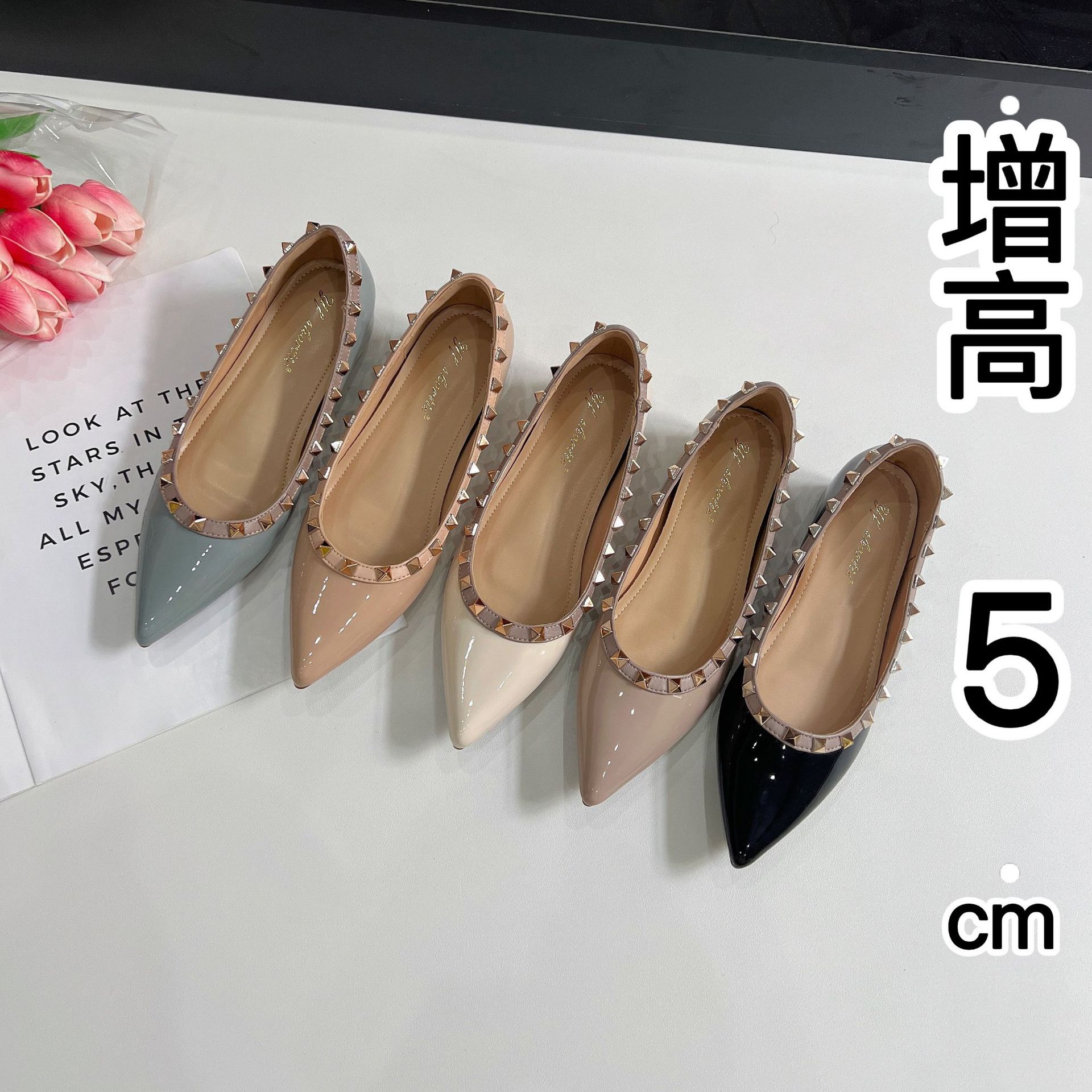 增高5cm铆钉漆皮尖头平底鞋女2025开春新款性感V家微露趾浅口单鞋图片