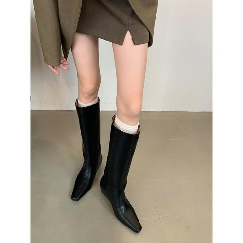 牛皮版~直筒切尔西不过膝长靴百搭内增高小个子大筒围高筒骑士靴