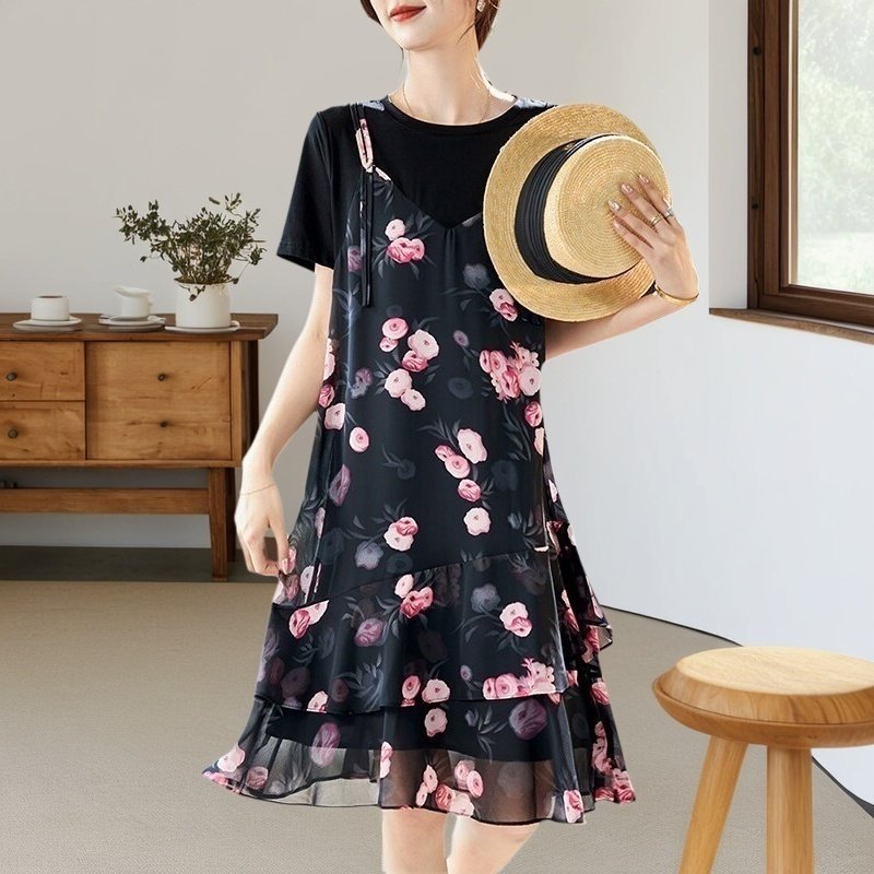 假两件印花拼接洋装女2025夏季新款气质设计感洋派短袖雪纺裙子