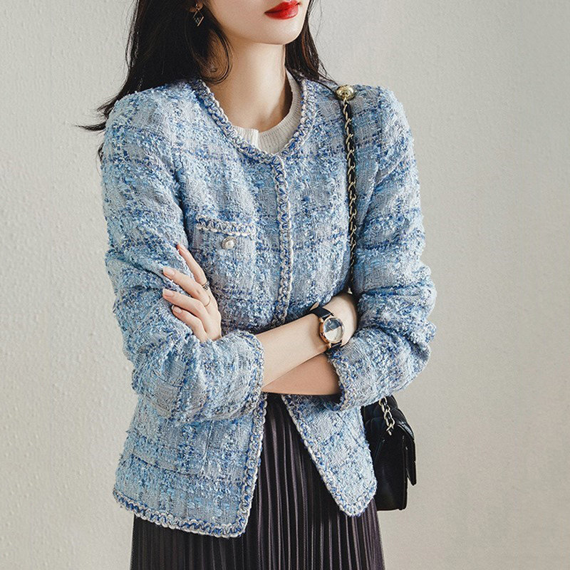 蓝色小香风外套女高级感羊毛呢子短款2025春秋装新款法式气质上衣