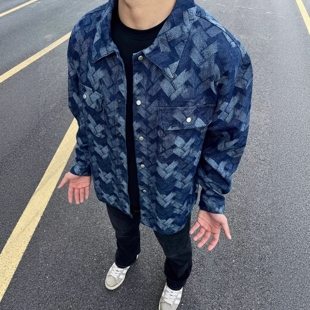 痞帅男款 秋装 春秋款 宽松潮牌男款 格子牛仔衣外套衣服 牛仔夹克男士