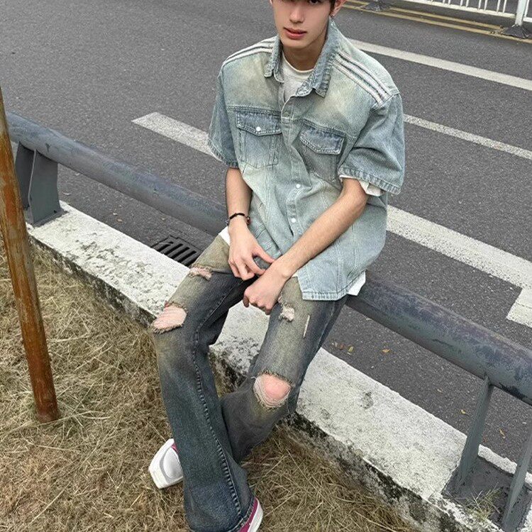 条纹垫肩牛仔短袖衬衫潮男夏季