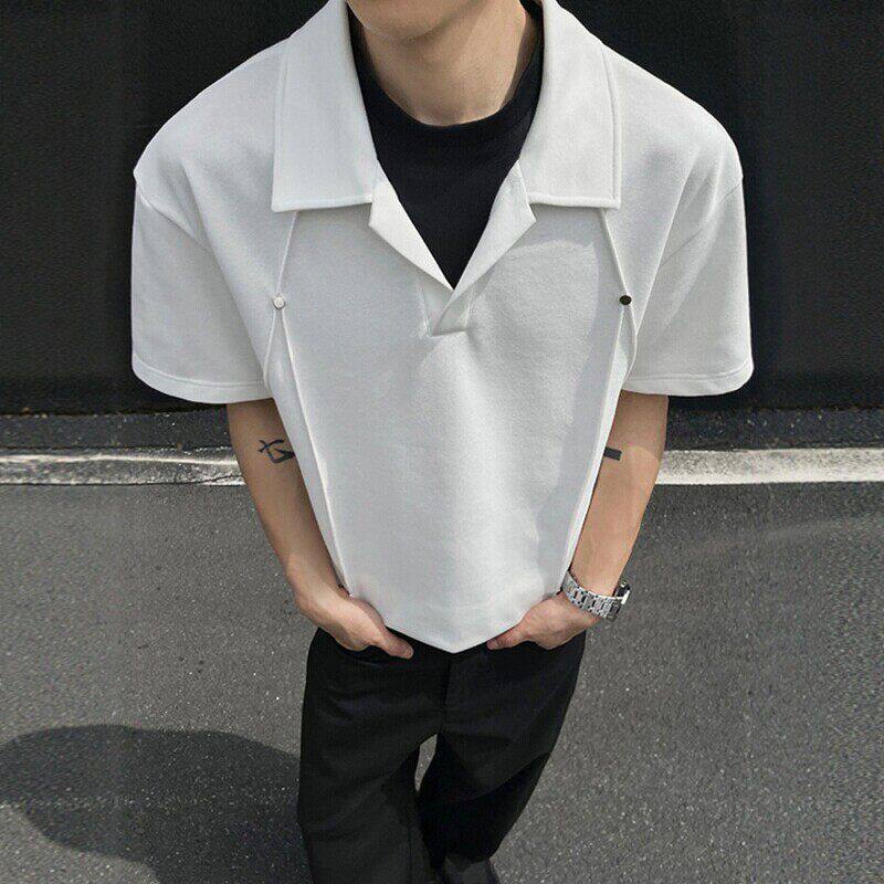白花灰美式假两件t恤男夏铆钉