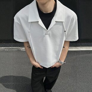 白花灰美式假两件t恤男夏铆钉拼接大码短袖polo衫设计感翻领半袖