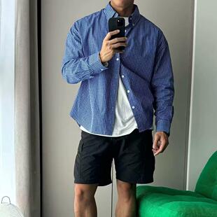 cleanfit蓝色长袖格子衬衫男款设计感通勤外套美式复古格纹衬衣
